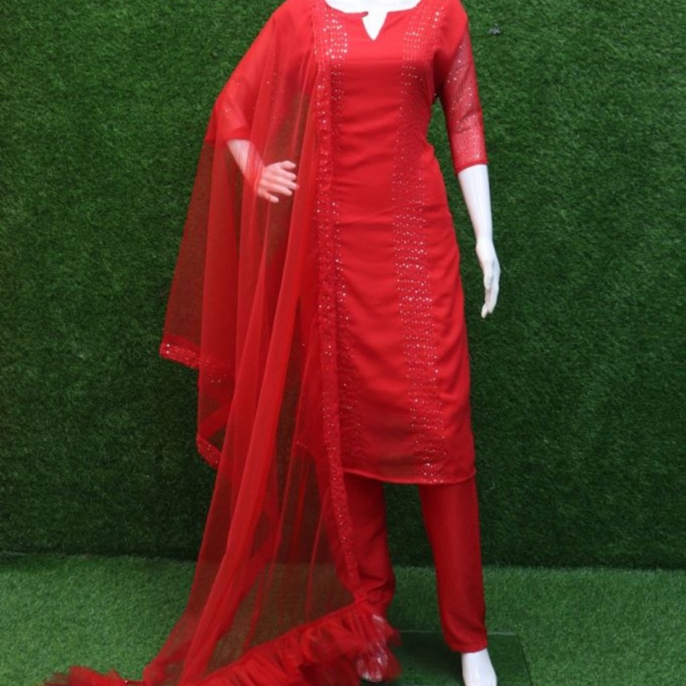 The Georgette Red Color Sequence Work Kurti Comes… - image 1
